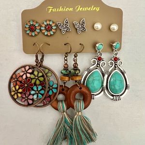 Retro Earrings Set of 6 Multi-color Turquoise Embellished Geometric Earrings